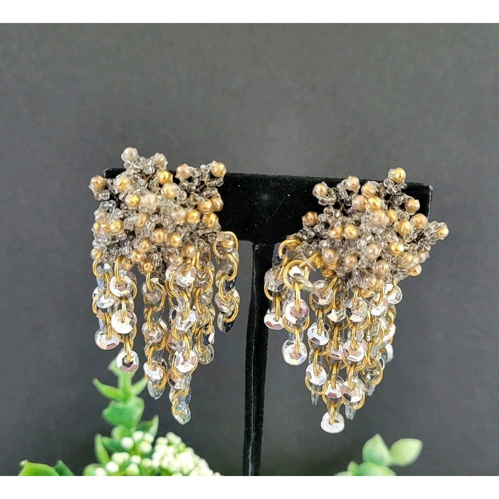 Vintage Beaded Sequin Cha Cha Fringe Clip Earrings Assemblage Statement
